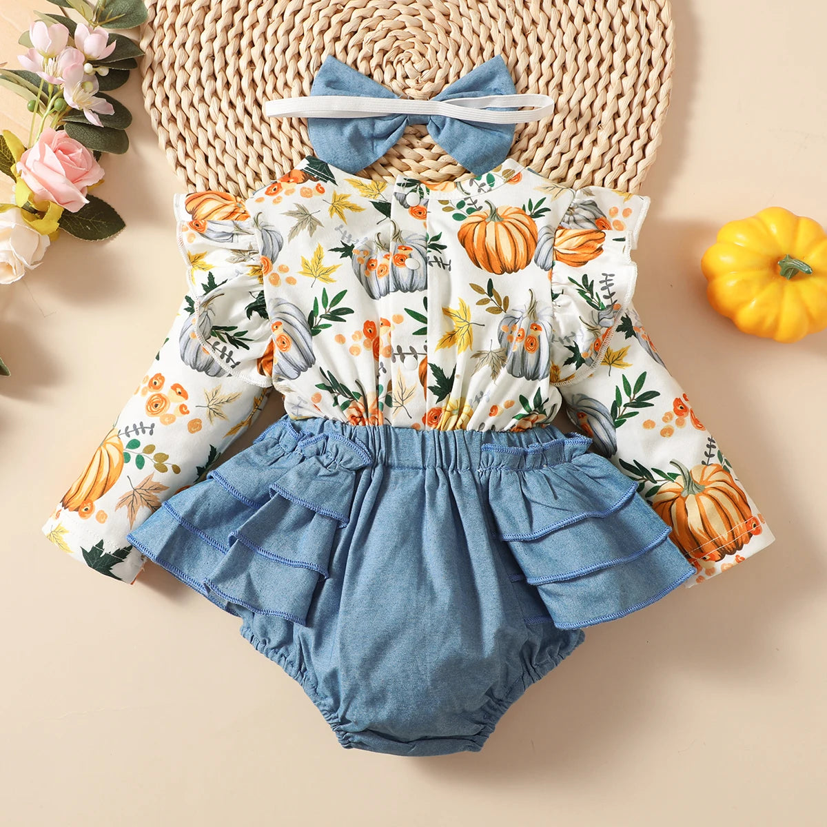 0-18M Baby Girl Bodysuit – Blue Bow Ruffle Outfit with Headband