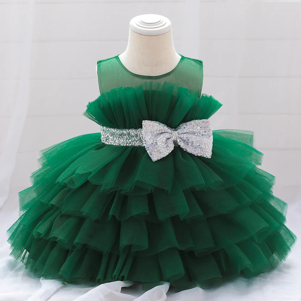 Sequin Bow Baby Girl Dress – Puffy Tulle Princess Ball Gown for Baptism & Parties