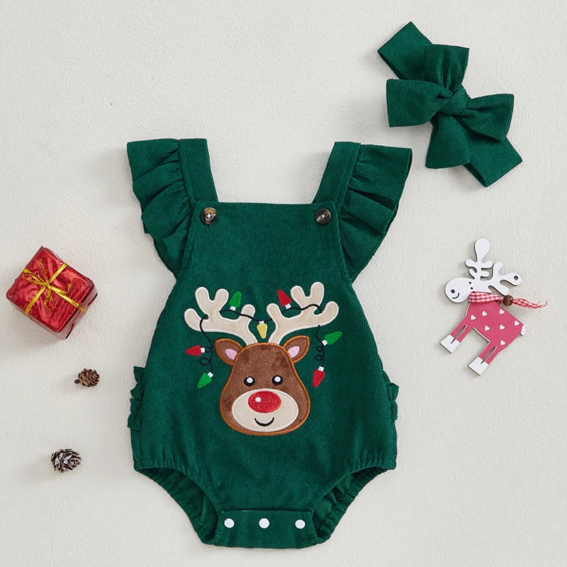 Baby Christmas Romper – Ruffle Sleeve Elk Jumpsuit & Headband