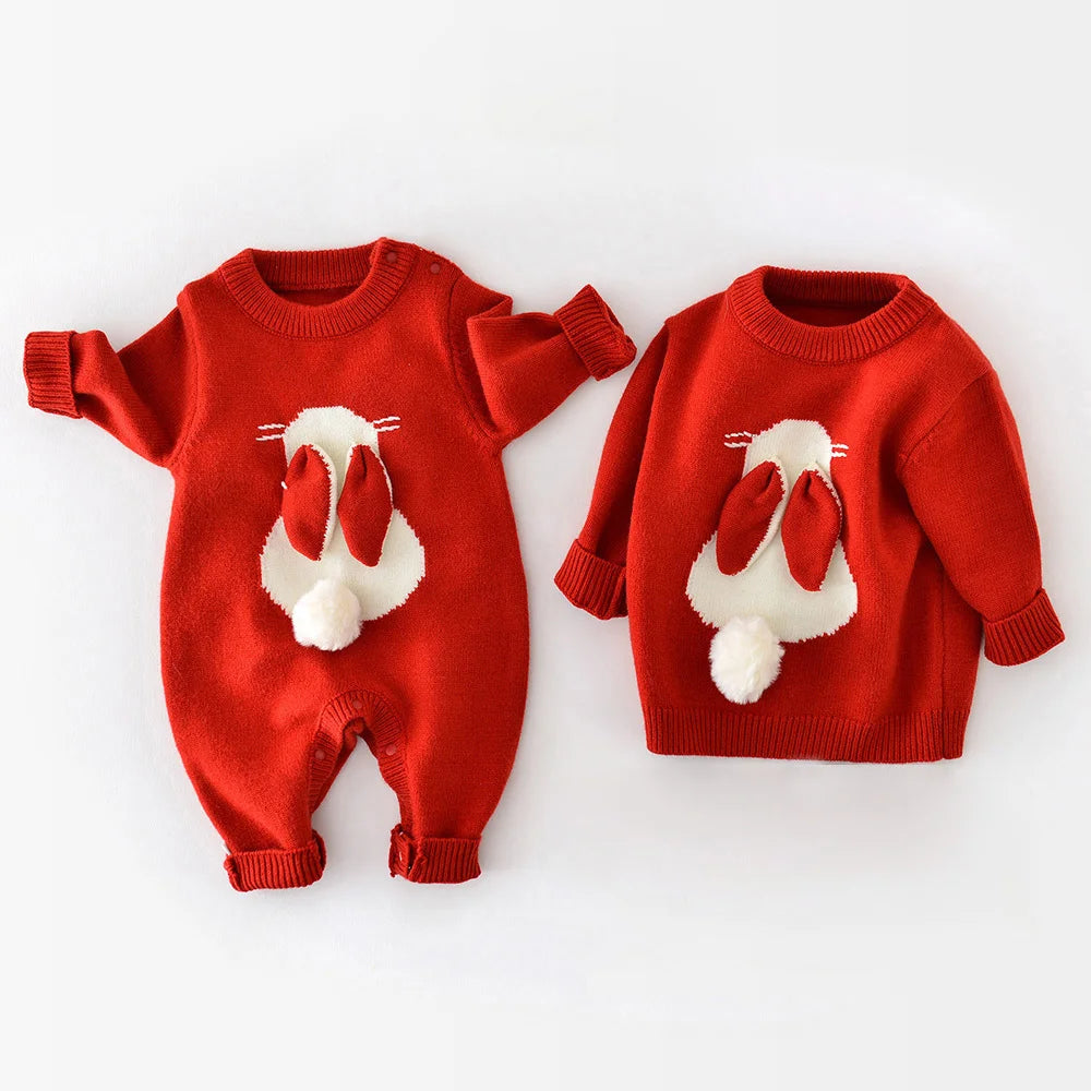 "Christmas Newborn Romper – Knitted Bunny Jumpsuit for Fall & Winter