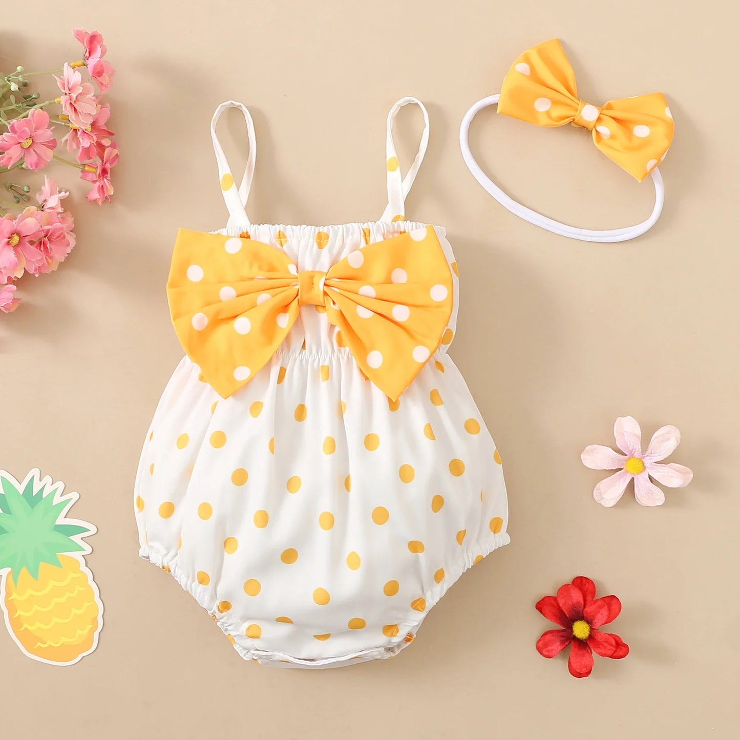 2PCS Baby Girl Romper Set – Allover Dots with Bowknot & Headband