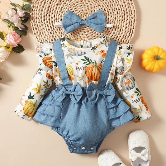 0-18M Baby Girl Bodysuit – Blue Bow Ruffle Outfit with Headband