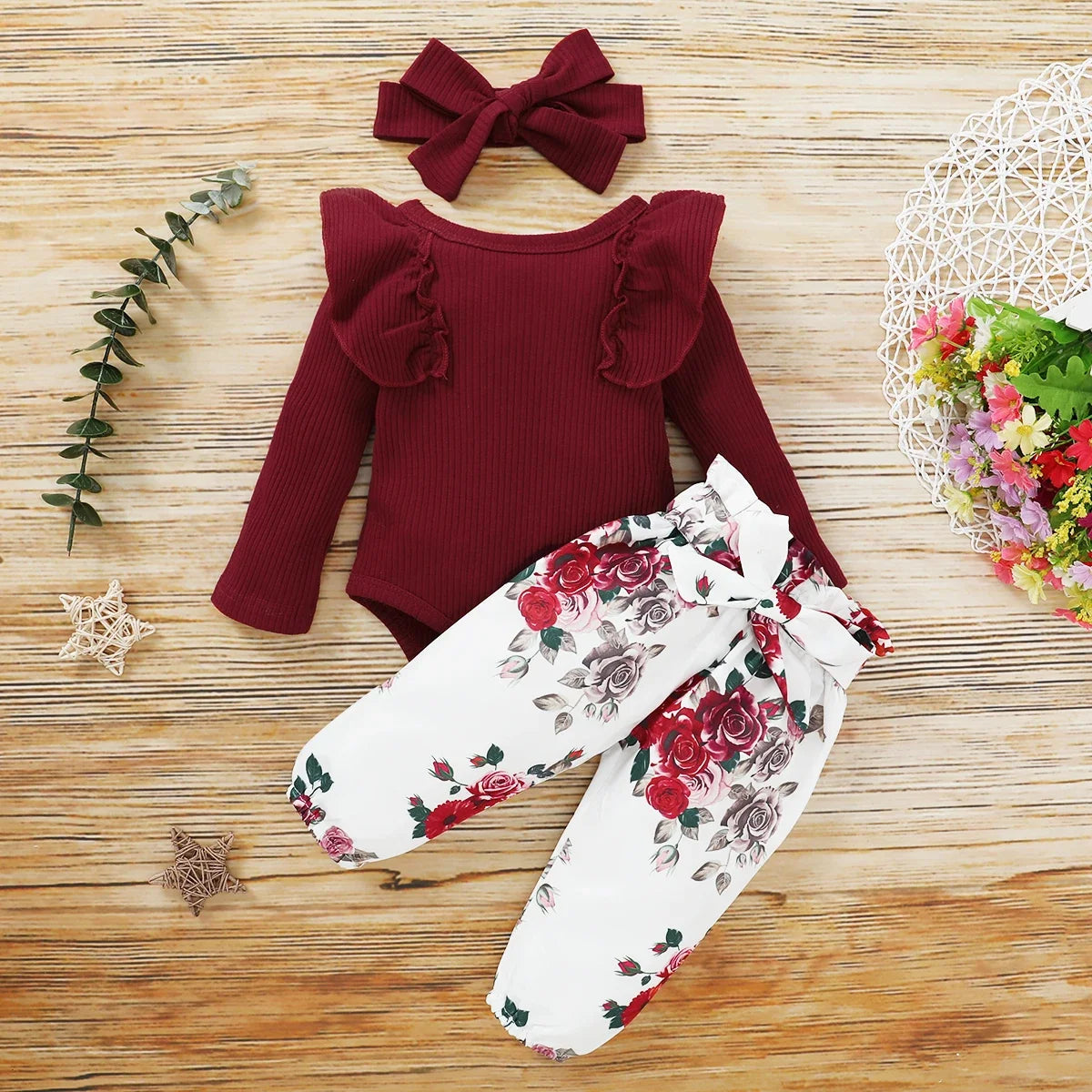 3PCS Baby Girl Outfit – Bodysuit, Pants & Headband Set (3-12M)