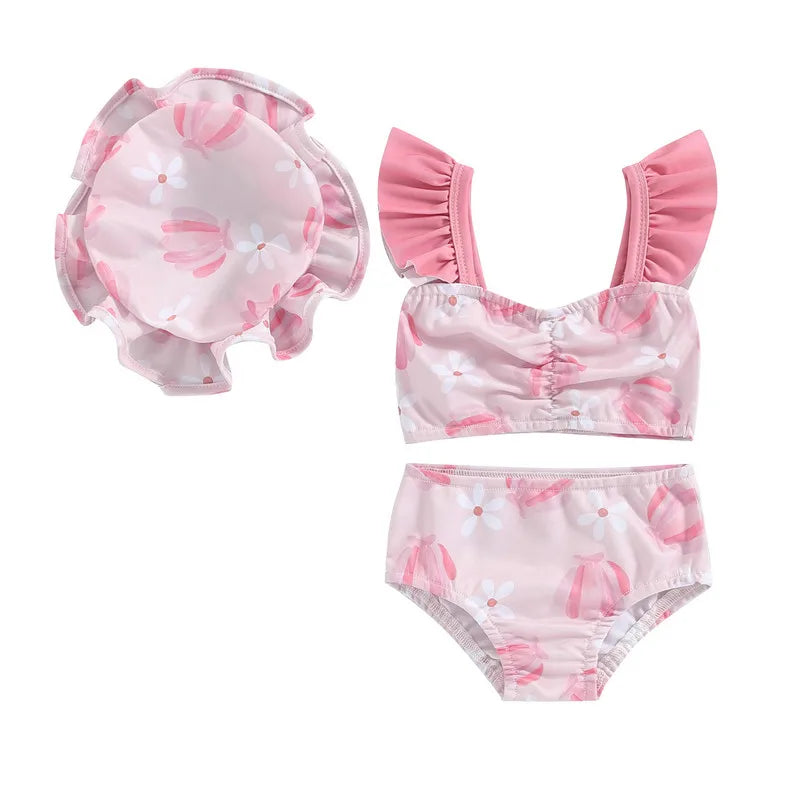 Toddler Girls' Floral Tankini Set – 3-Piece Swimsuit & Cap