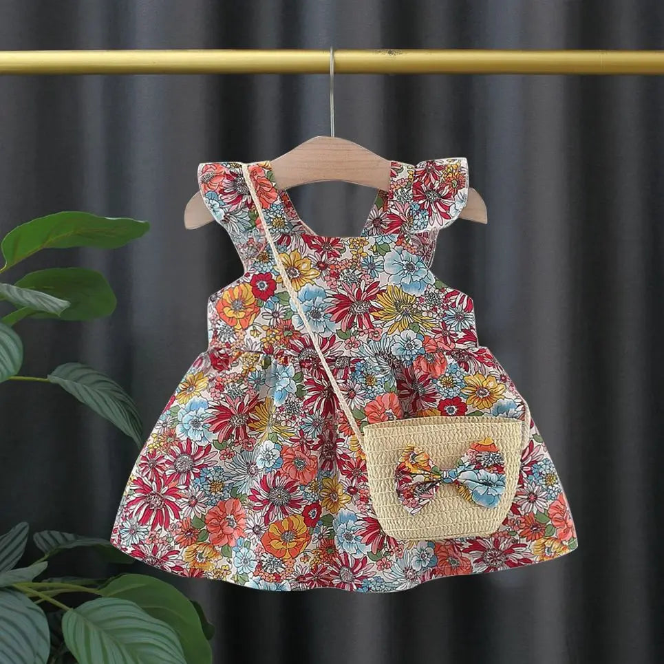 Summer Cotton Baby Dress – Flower Print Hawaiian Style with Matching Bag