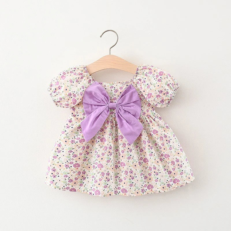 Children's Summer Dress – Short Sleeve Solid Color with Big Bow & Print