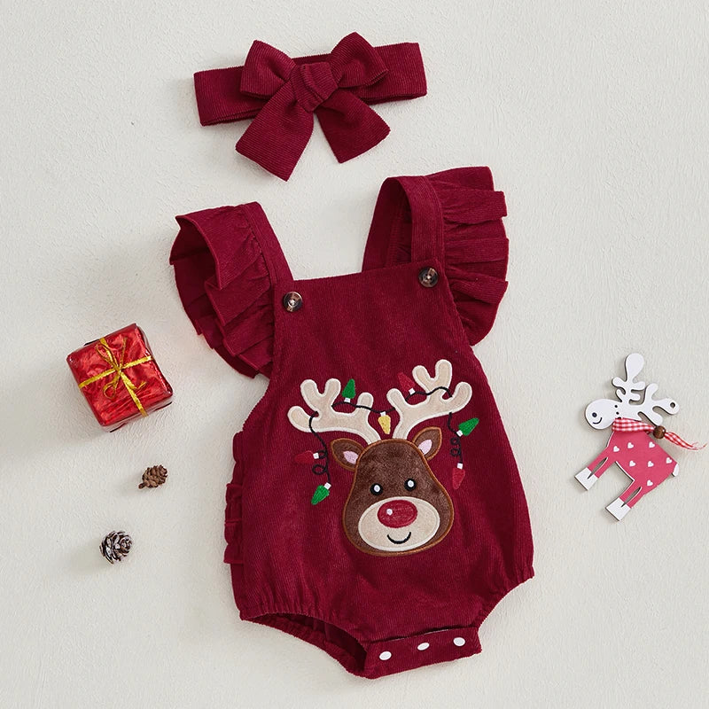 Baby Christmas Romper – Ruffle Sleeve Elk Jumpsuit & Headband