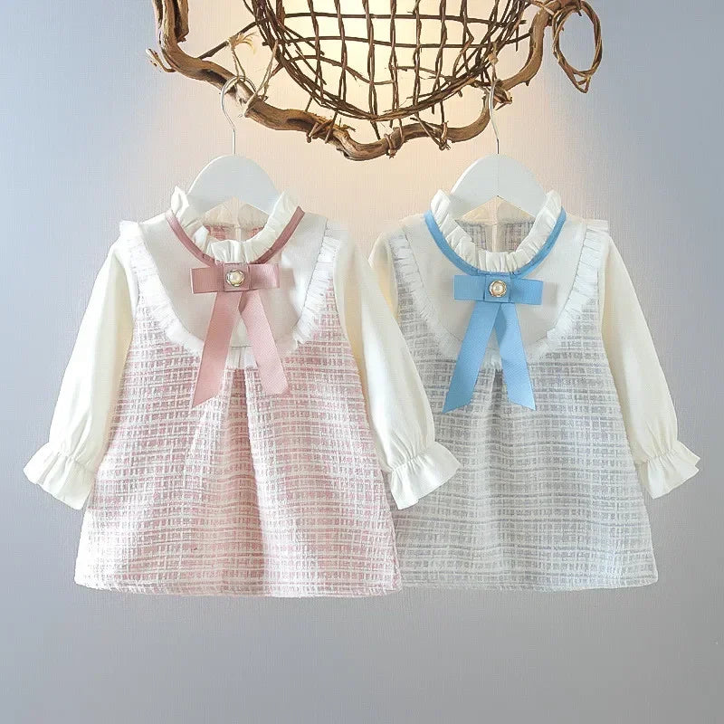 Spring Toddler Girl Dress – Korean Fashion Bow Mesh Plaid Princess Outfit