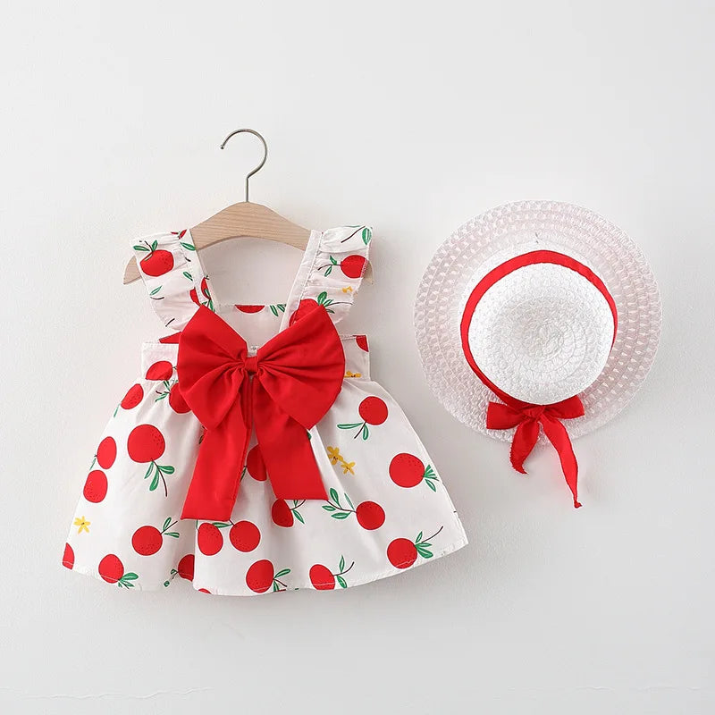 2PCS Summer Girls' Dress Set – Bow Suspender Top & Orange Print Skirt with Hat