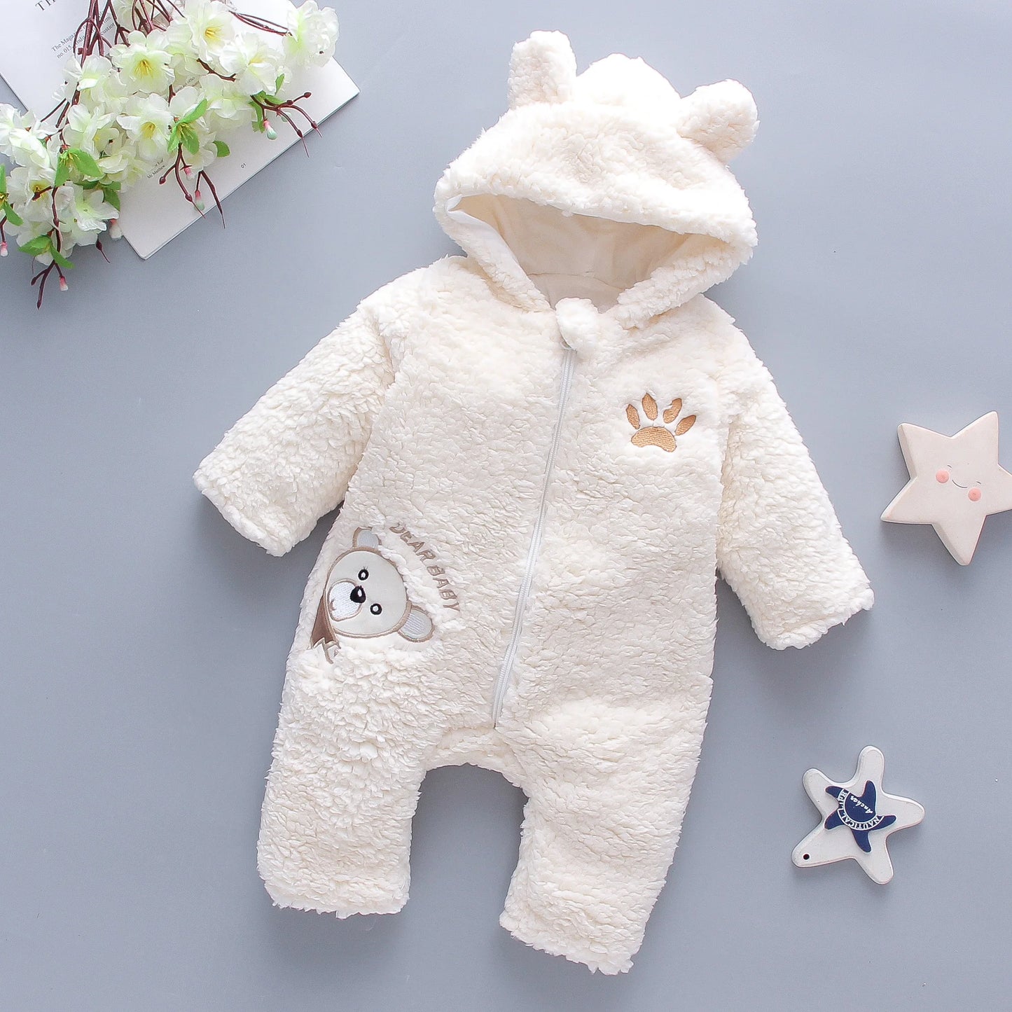 Baby Winter Romper – Warm Cotton Fleece Jumpsuit with Hood (0-24M)z