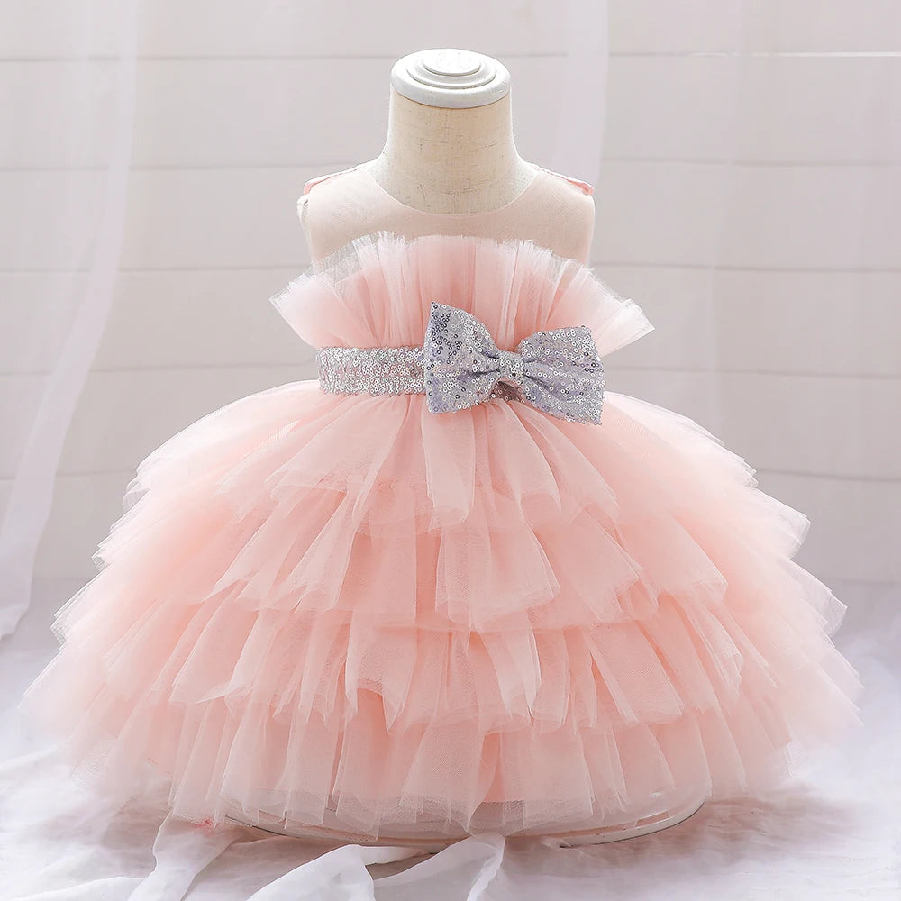 Sequin Bow Baby Girl Dress – Puffy Tulle Princess Ball Gown for Baptism & Parties