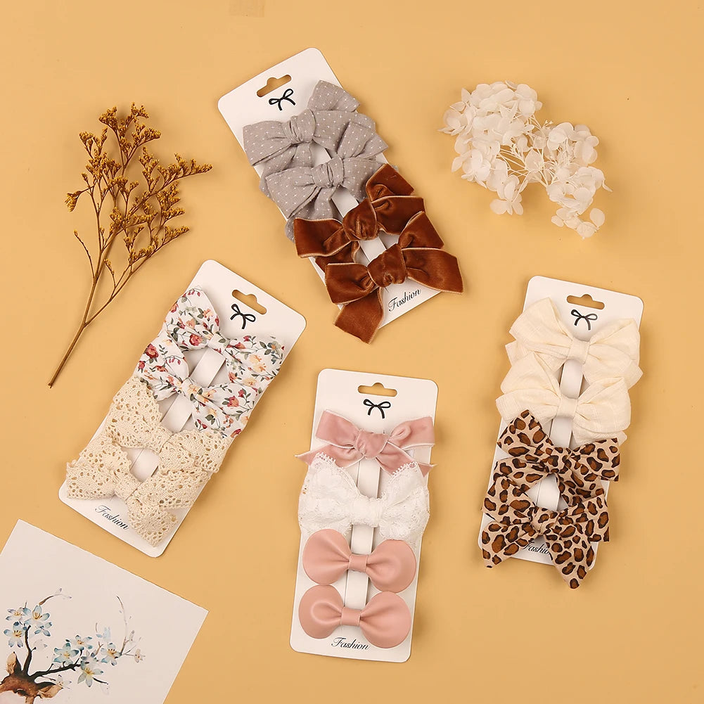 4Pcs Baby Bow Hair Clips - Leopard Dot Print, Lace Cotton Linen Barrettes