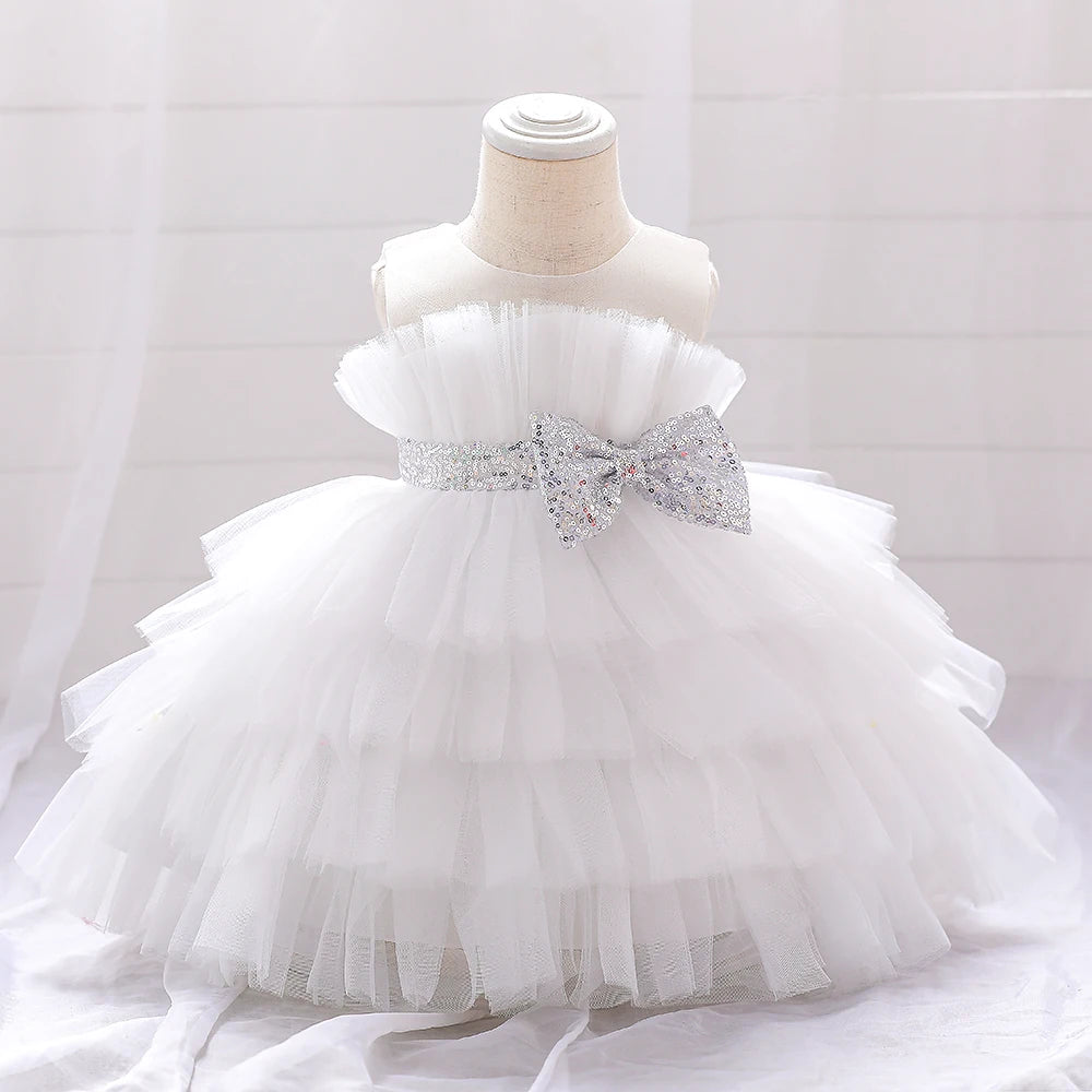 Sequin Bow Baby Girl Dress – Puffy Tulle Princess Ball Gown for Baptism & Parties