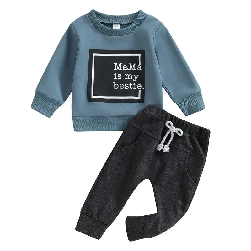 2PCS Baby Boy Outfit – Long Sleeve Letter Pullover & Pocket Pants (Newborn)