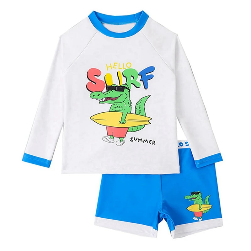 Summer Boys' Swimsuit Set – Long Sleeve Cartoon Sunscreen Top & Shorts (4-8Y)