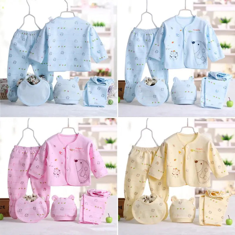 5PCS Newborn Baby Clothing Set – Cotton Top, Pants, Hat & Bibs (0-3M)