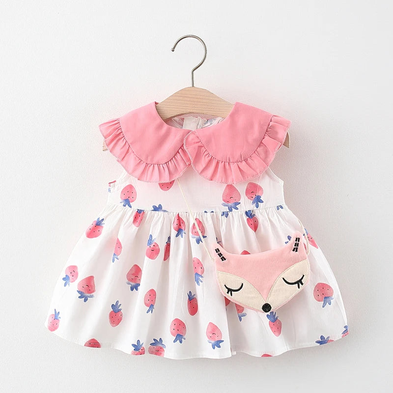 2pcs Girls Cute Strawberry Sleeveless Doll Collar Summer Dress & Bag Set Clothes