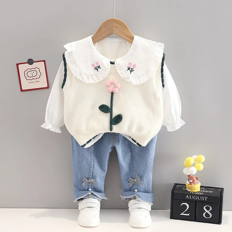 Spring Baby Girl Outfit – Knitted Vest, Bow Shirt & Jeans Set (1st Birthday)