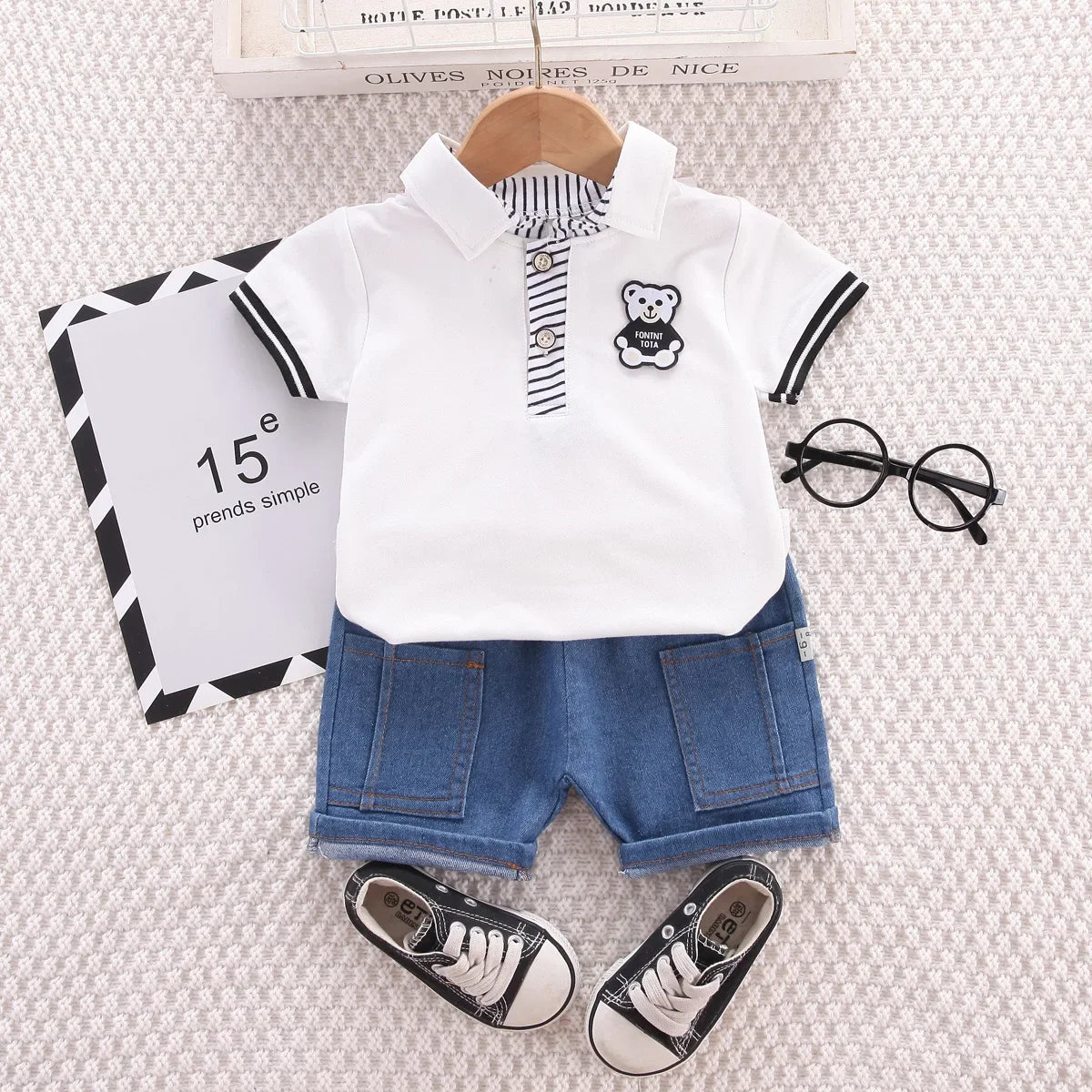 Baby Boys' Summer Outfit – Korean Style Cartoon Top & Denim Shorts