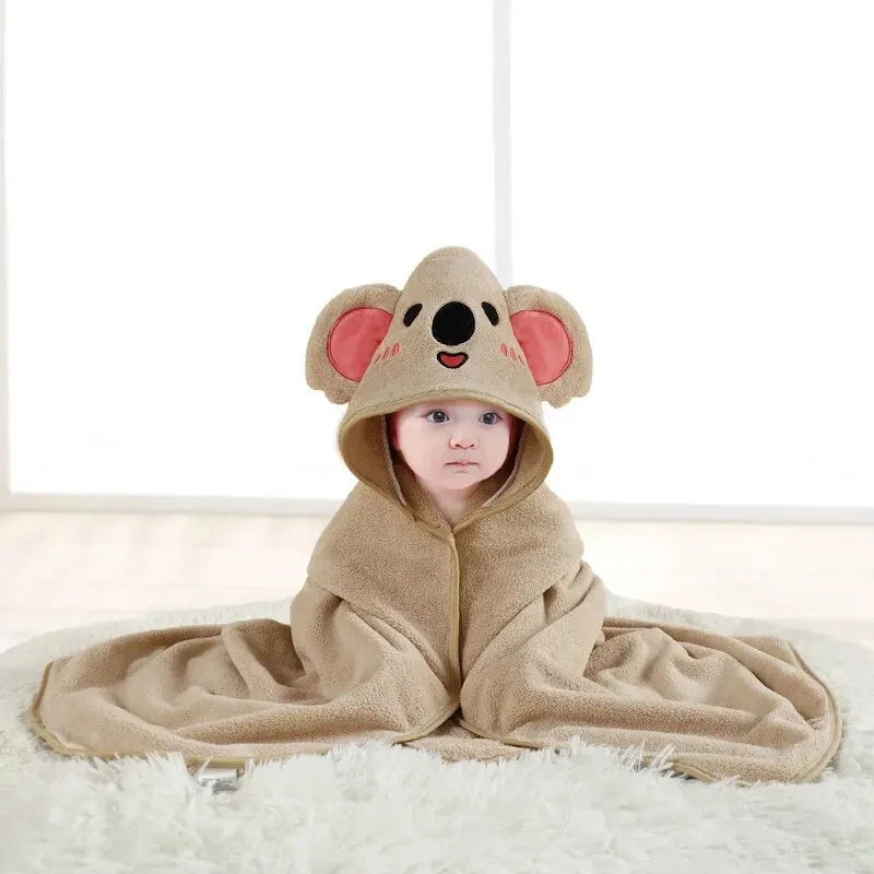 Cartoon Animal Hooded Baby Bath Towel – Soft, Absorbent Coral Velvet