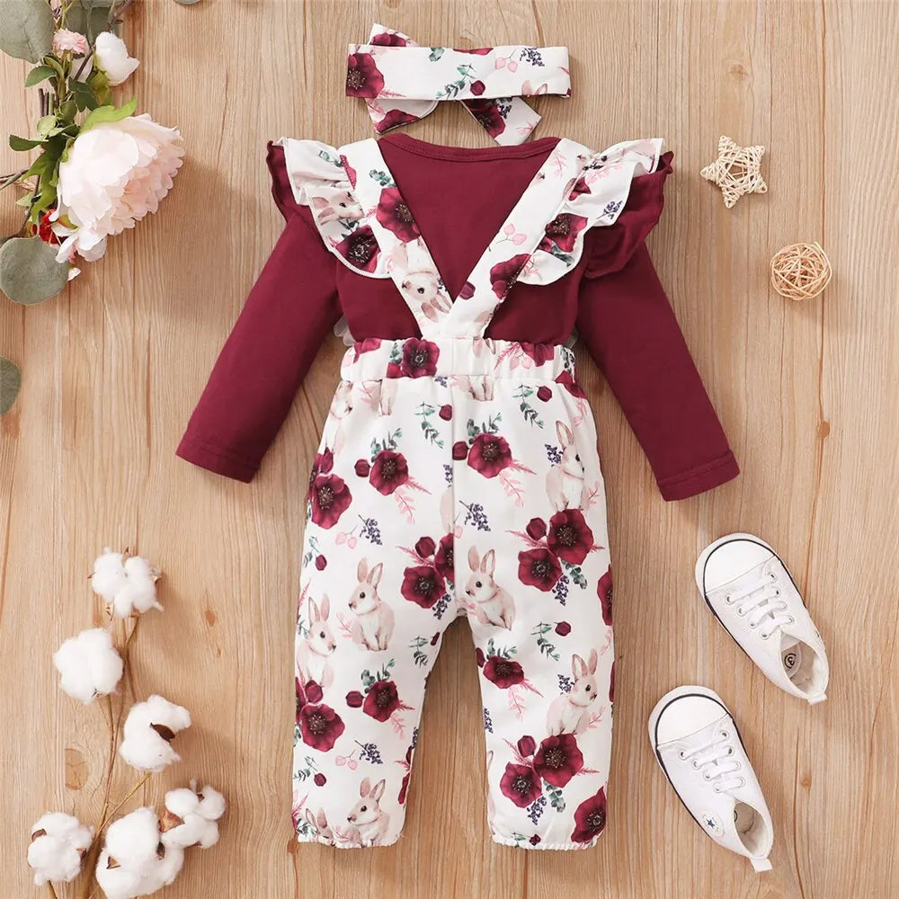 Baby Girl Outfit – Romper, Flower Pants & Headband (0-24M)