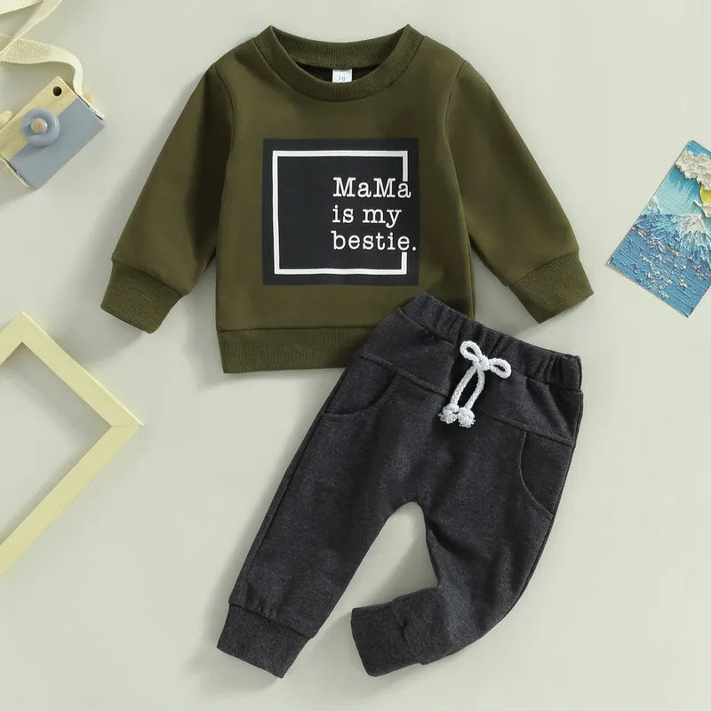 2PCS Baby Boy Outfit – Long Sleeve Letter Pullover & Pocket Pants (Newborn)