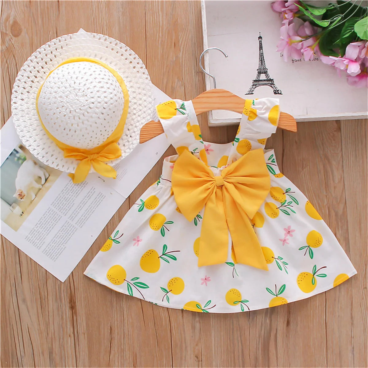 2PCS Summer Girls' Dress Set – Bow Suspender Top & Orange Print Skirt with Hat