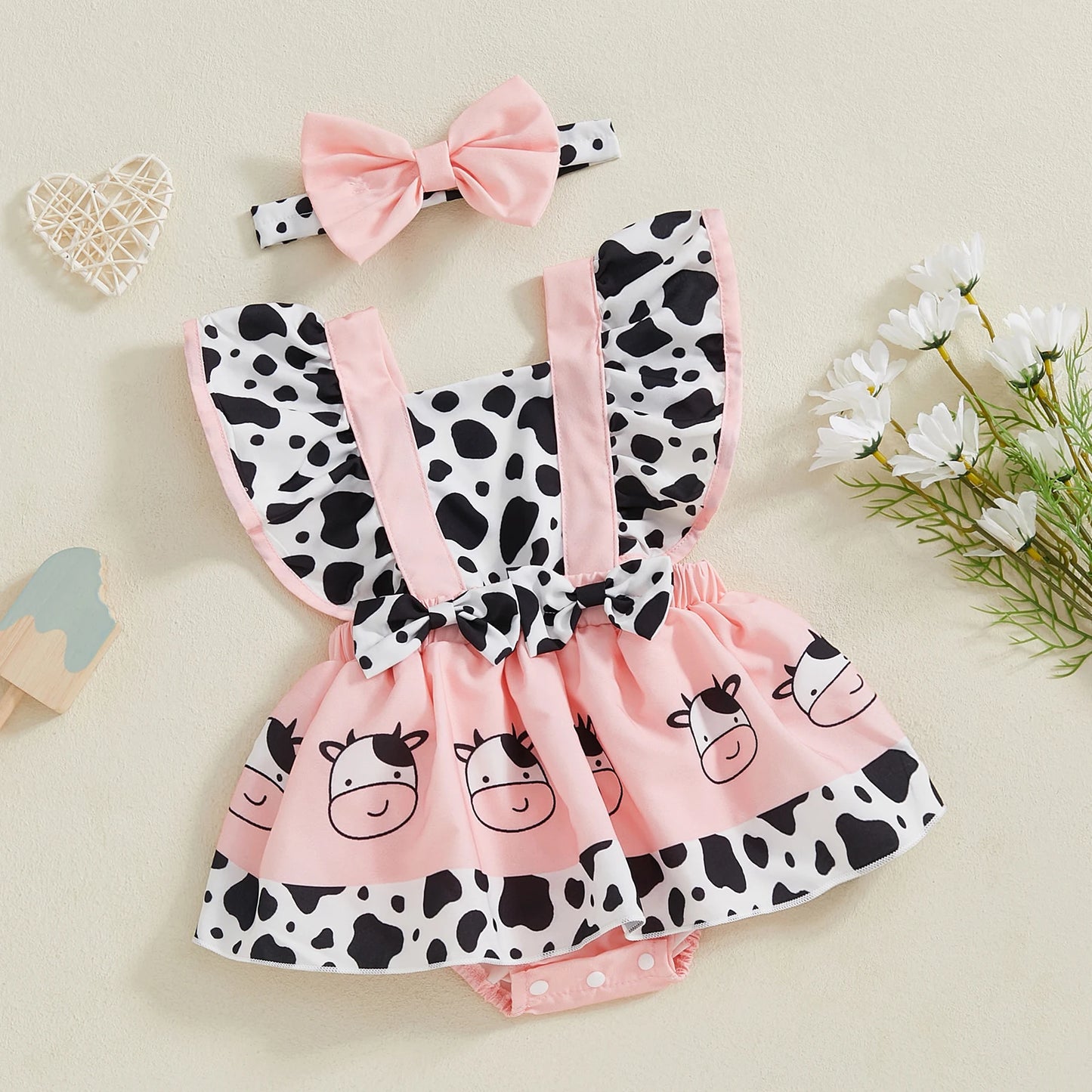 Baby Girl Romper Dress – Cute Animal Print Jumpsuit with Headband
