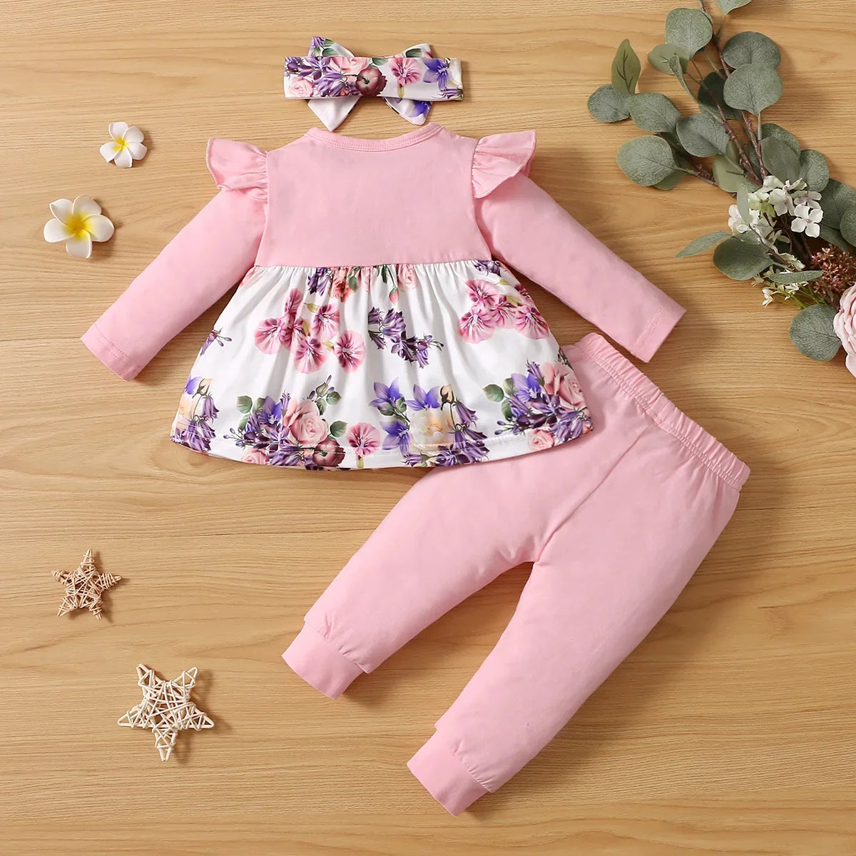 3PCS Baby Girl Outfit – Bodysuit, Pants & Headband Set (3-12M)