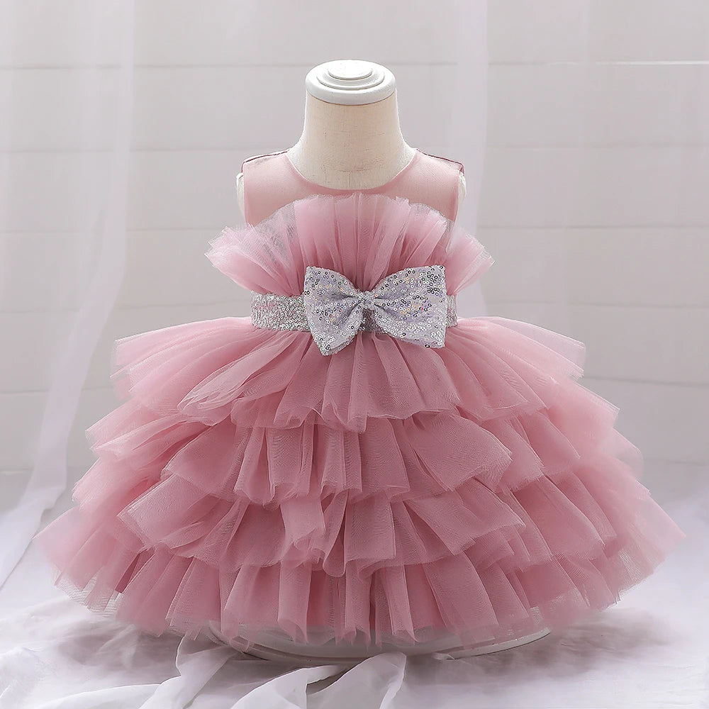 Sequin Bow Baby Girl Dress – Puffy Tulle Princess Ball Gown for Baptism & Parties
