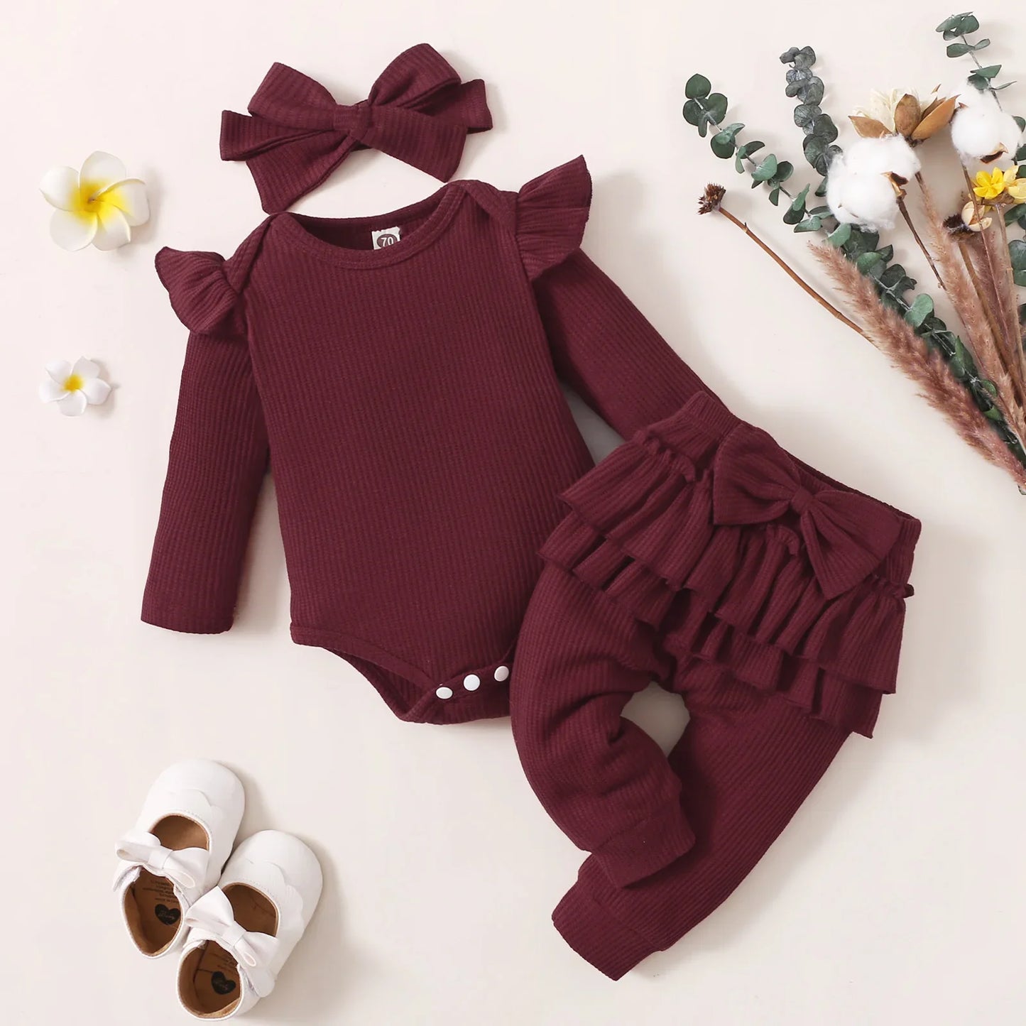 3PCS Baby Girl Outfit – Bodysuit, Pants & Headband Set (3-12M)