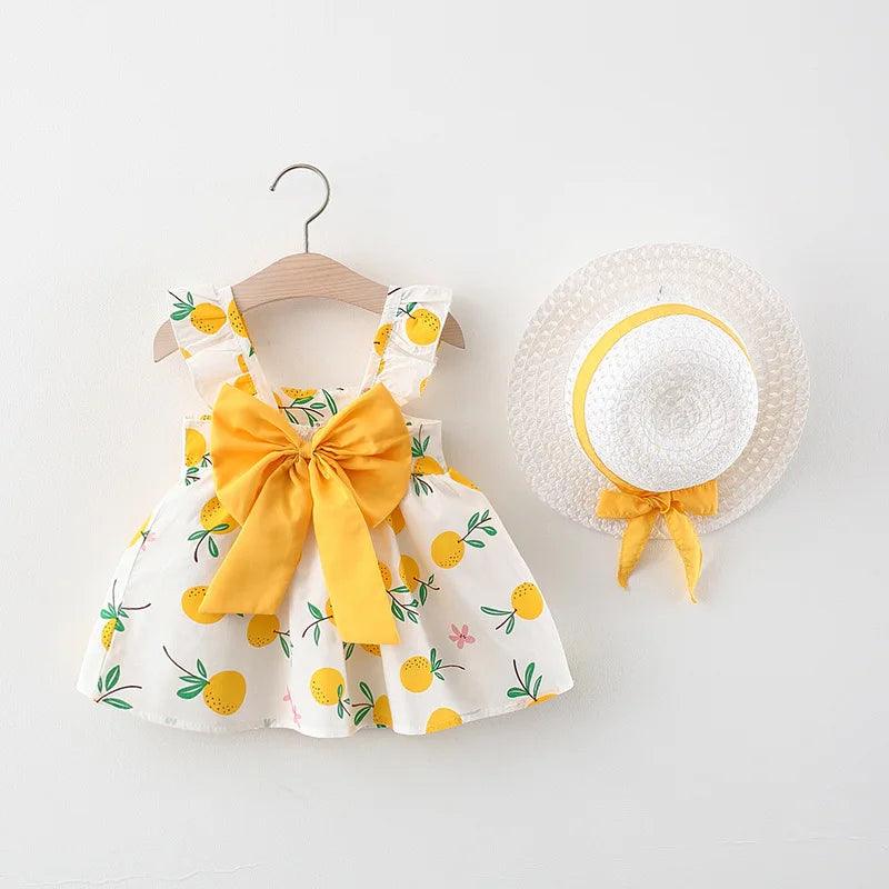 2PCS Summer Girls' Dress Set – Bow Suspender Top & Orange Print Skirt with Hat