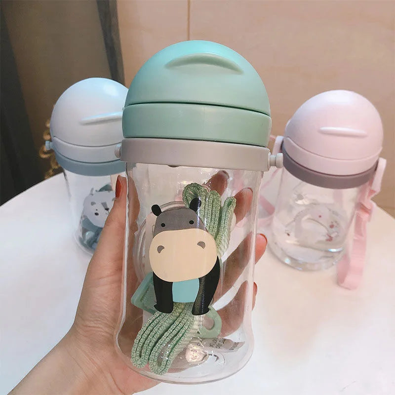 Kids' Cartoon Animal Water Bottle – Straw Cup with Gravity Ball & Shoulder Strap