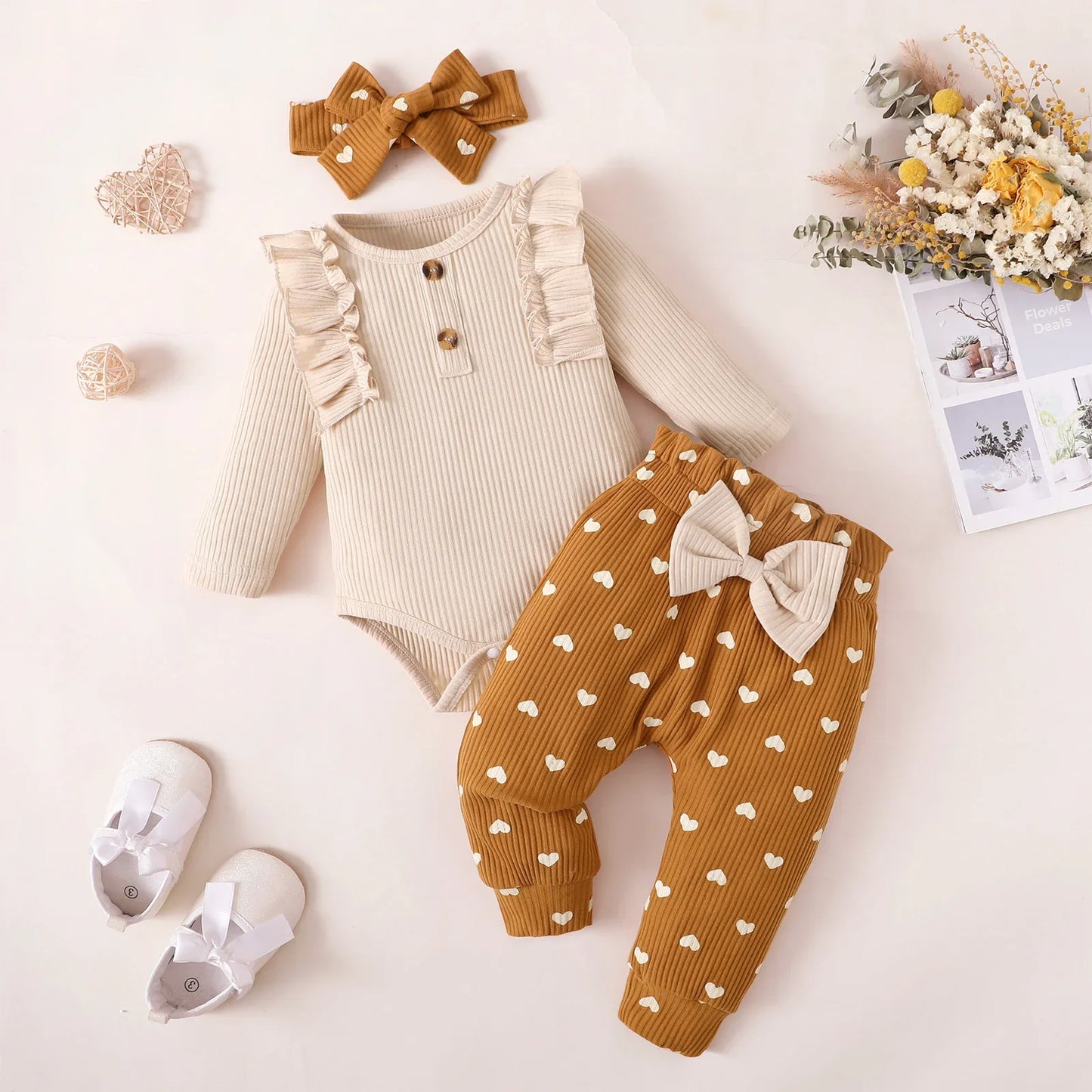 3PCS Baby Girl Outfit – Bodysuit, Pants & Headband Set (3-12M)