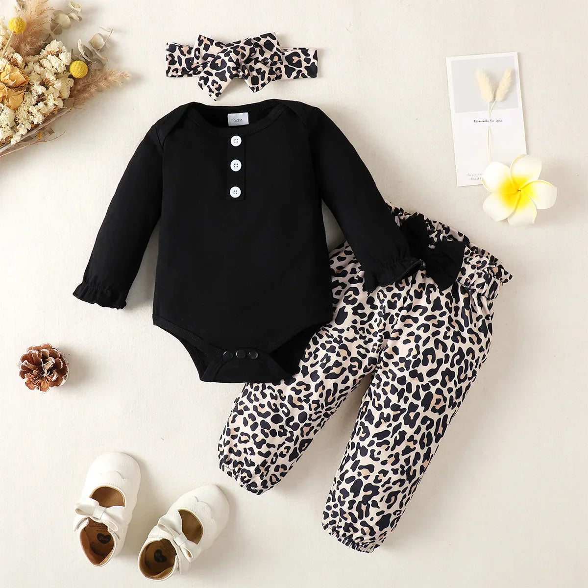 3PCS Baby Girl Outfit – Bodysuit, Pants & Headband Set (3-12M)