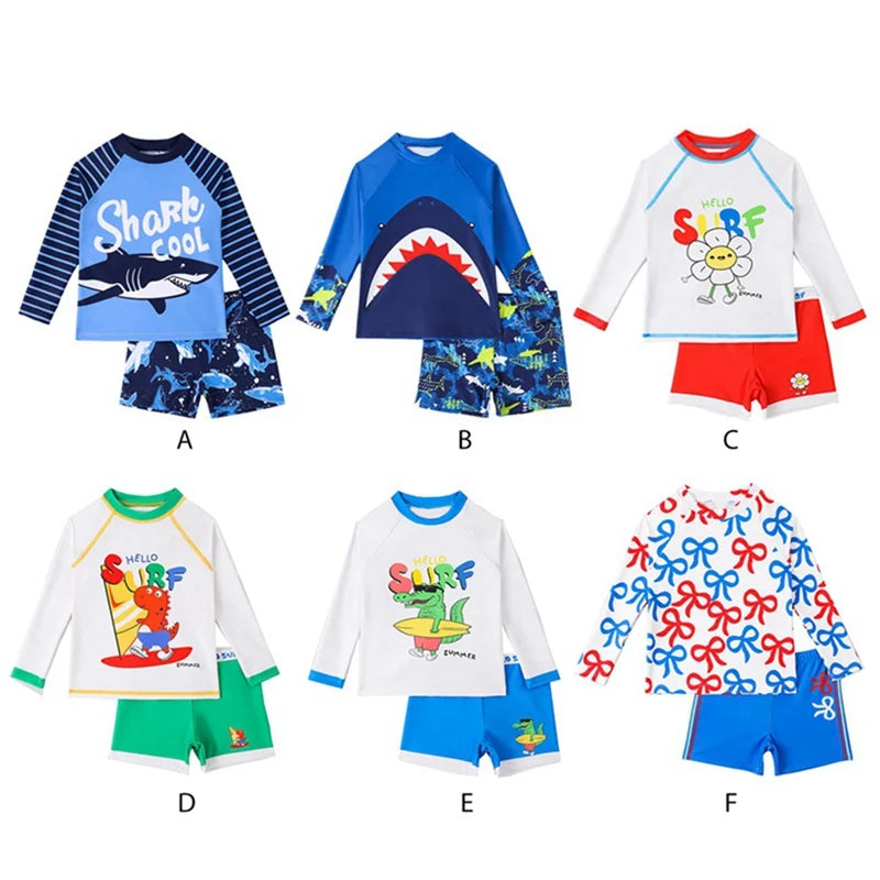 Summer Boys' Swimsuit Set – Long Sleeve Cartoon Sunscreen Top & Shorts (4-8Y)