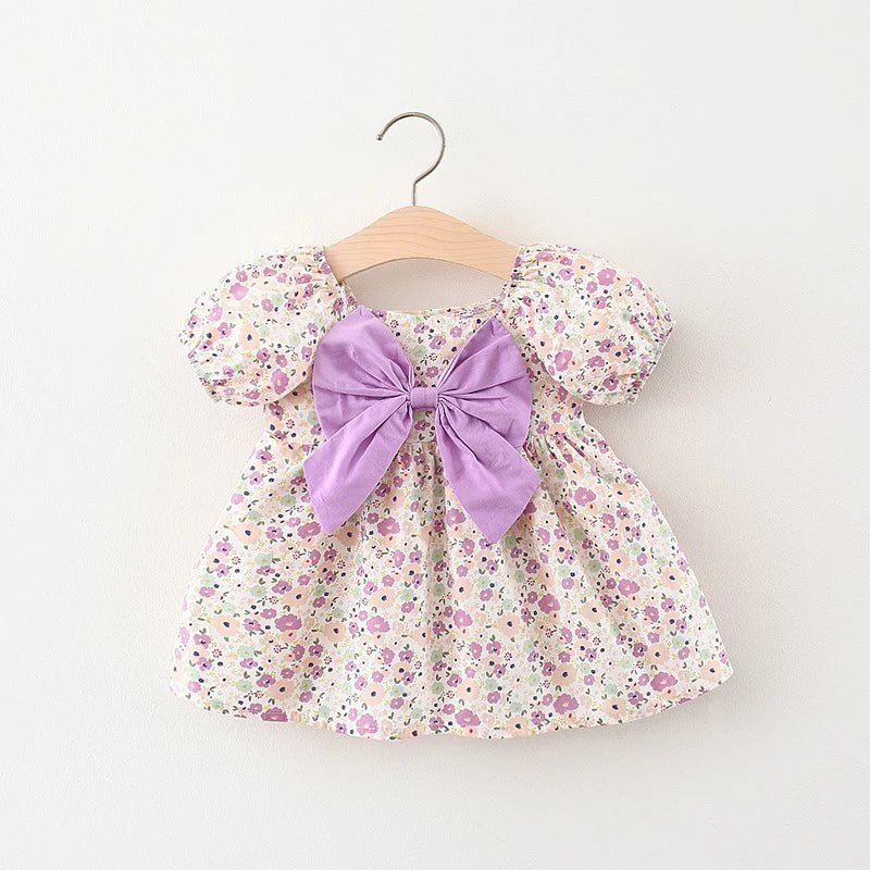Children's Summer Dress – Short Sleeve Solid Color with Big Bow & Print