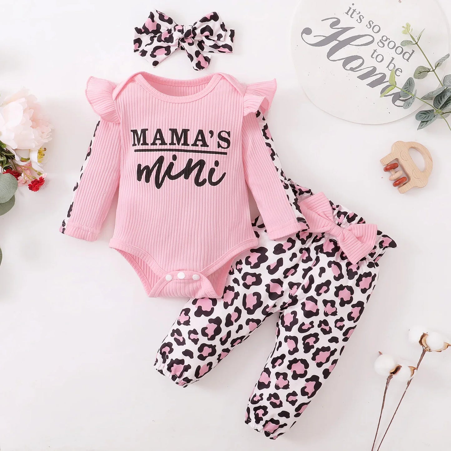 3PCS Baby Girl Outfit – Bodysuit, Pants & Headband Set (3-12M)