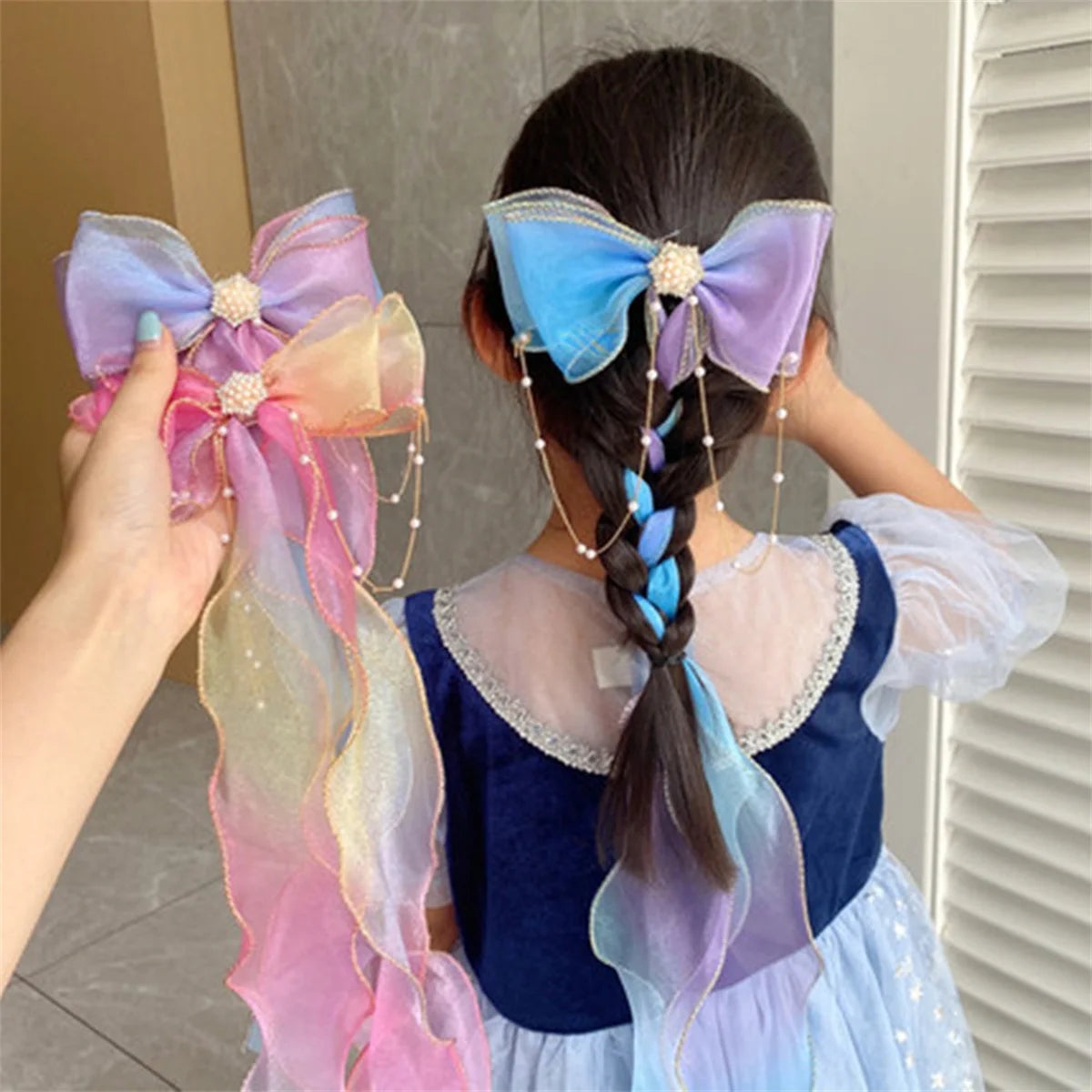 Princess Girl Large Ribbon Headband with Pearl & Flower Bow Hairpins – 5 Styles