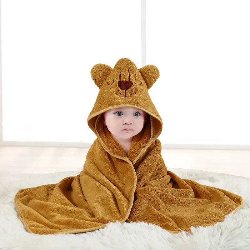 Cartoon Animal Hooded Baby Bath Towel – Soft, Absorbent Coral Velvet