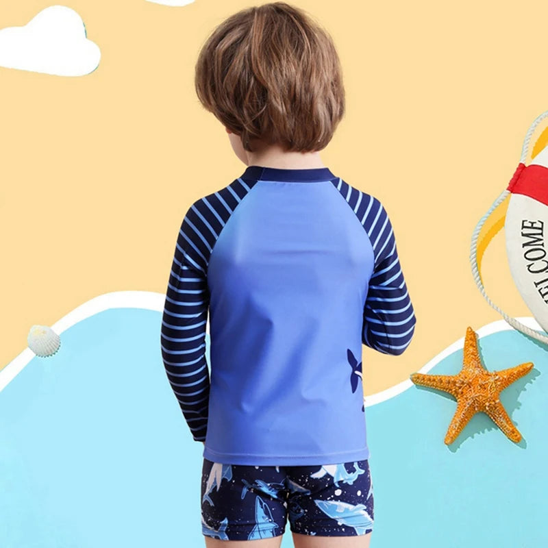 Summer Boys' Swimsuit Set – Long Sleeve Cartoon Sunscreen Top & Shorts (4-8Y)