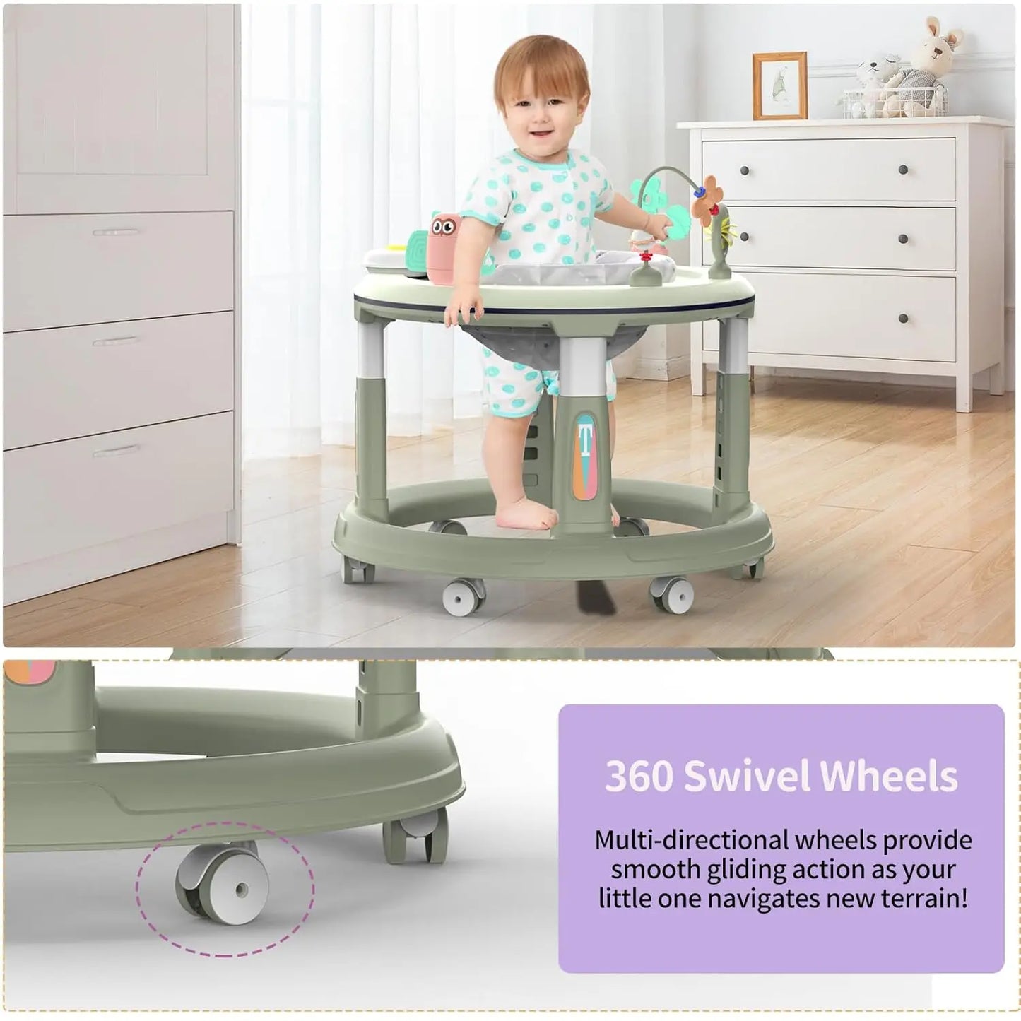 Baby Walker – 5 Adjustable Heights, 360° Swivel Seat & Detachable Toys