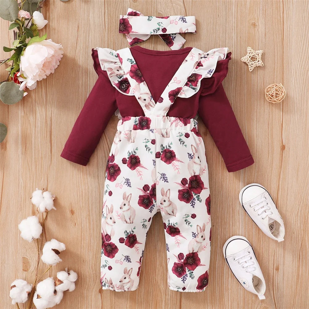 Baby Girl Outfit – Red Long-Sleeve Bodysuit & Floral Strap Pants (0-18M)