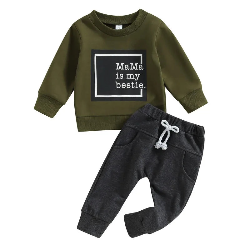 2PCS Baby Boy Outfit – Long Sleeve Letter Pullover & Pocket Pants (Newborn)