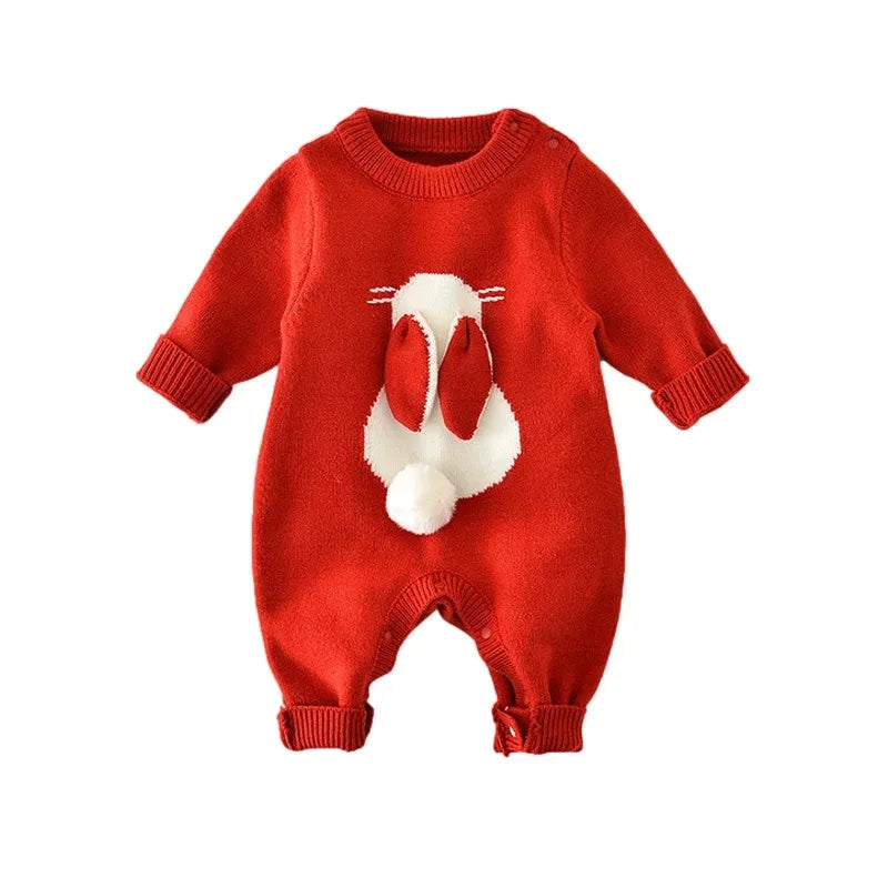 "Christmas Newborn Romper – Knitted Bunny Jumpsuit for Fall & Winter