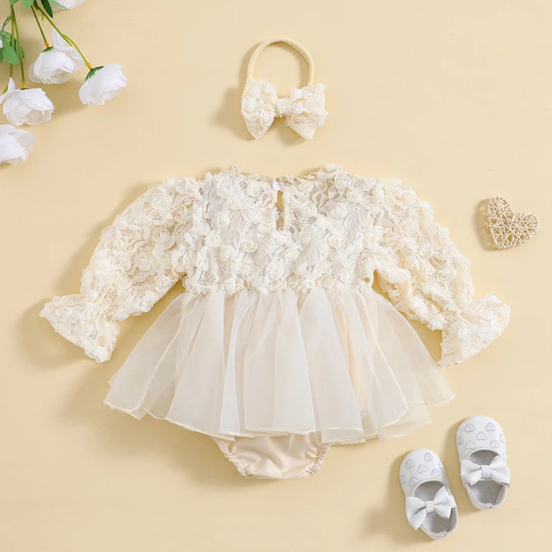 2PC Baby Girl Romper Set – Lace Floral Jumpsuit & Ruffle Outfit (Spring/Autumn)