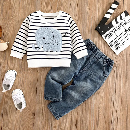 0-2Y Elephant Print Outfit – Striped Top & Jeans 2-Piece Set