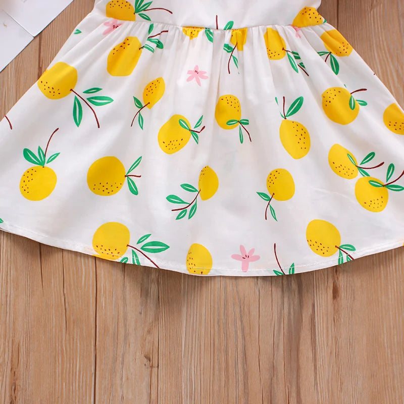 2PCS Summer Girls' Dress Set – Bow Suspender Top & Orange Print Skirt with Hat