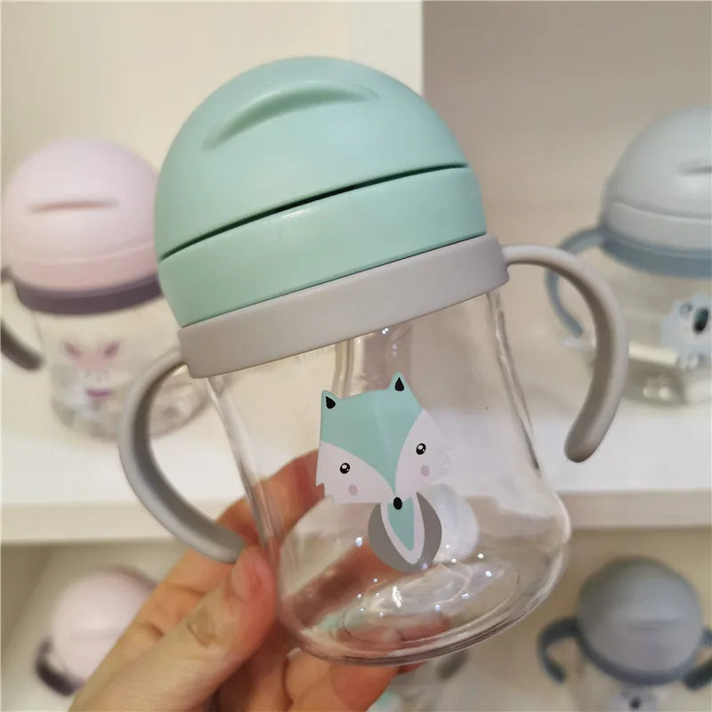 Kids' Cartoon Animal Water Bottle – Straw Cup with Gravity Ball & Shoulder Strap