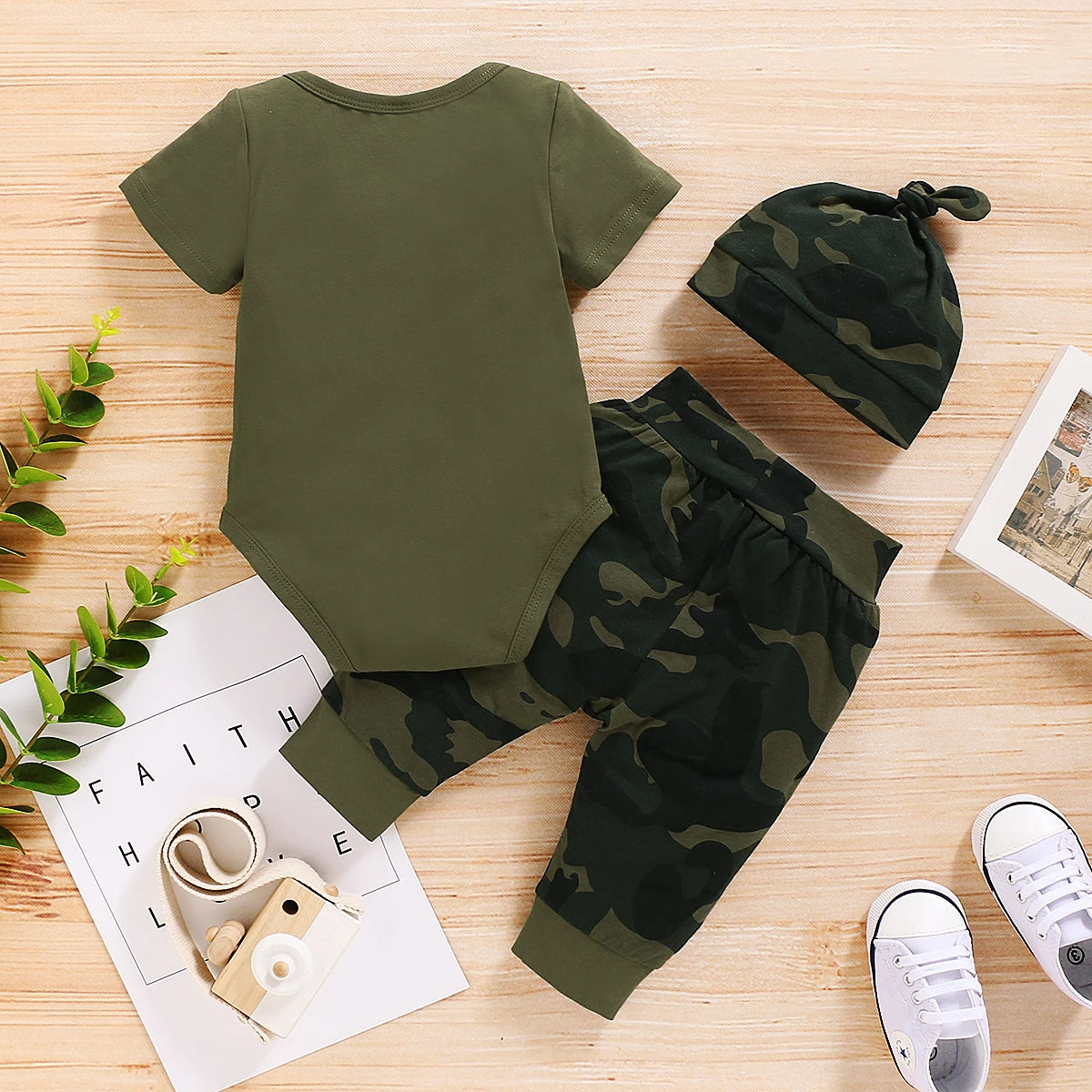 Baby Boy Summer Set – Romper, Camouflage Pants & Hat (0-18M)